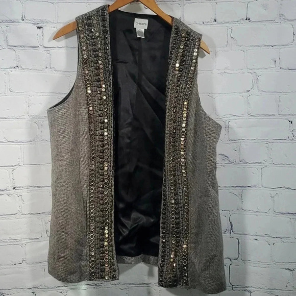 Chico’s Grey Tweed Plaid Embellished Vest Cardigan Size 2 - Picture 1 of 10